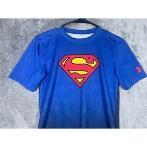 Under Armour HeatGear Superman Shirt Kids YXL Blue Ombre Fitted Athletic Tee